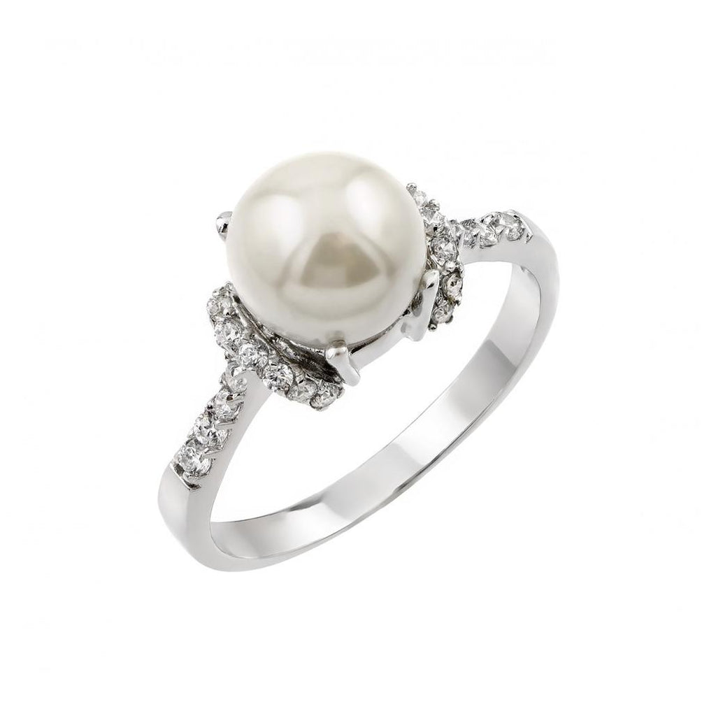 .925 Sterling Silver Rhodium Plated Synthetic Pearl Cluster Ring, <b>size: 5</b>
