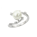 .925 Sterling Silver Rhodium Plated Clear Cz Synthetic Pearl Curve Ring, <b>size: 5</b>