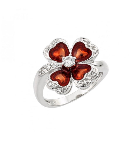 .925 Sterling Silver Rhodium Plated Clear Cz Red Clover Ring, <b>size: 5</b>