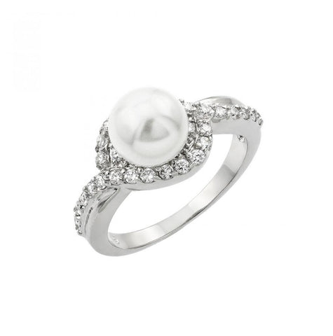 .925 Sterling Silver Rhodium Plated Clear Cluster Cz Synthetic Pearl Ring, <b>size: 5</b>