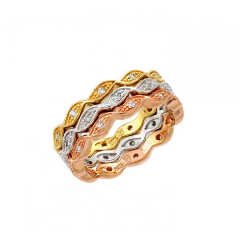 .925 Sterling Silver Rhodium Rose Gold & Gold Plated 3 Tone Stackable Eternity Ring Set, <b>size: 5</b>