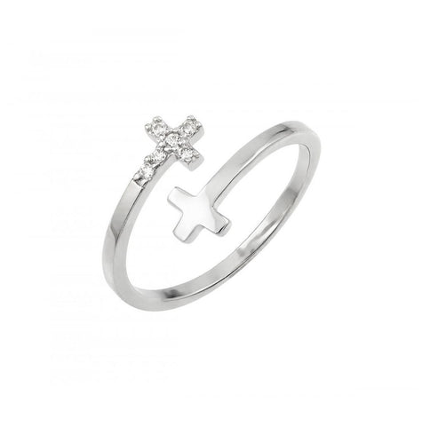 .925 Sterling Silver Rhodium Plated Cz Double Cross Ring, <b>size: 5</b>