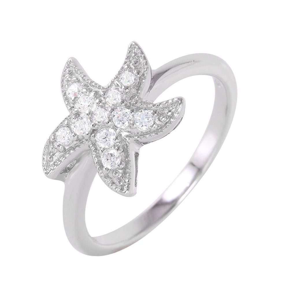 .925 Sterling Silver Rhodium Plated Clear Pave Set Cz Starfish Ring, <b>size: 5</b>