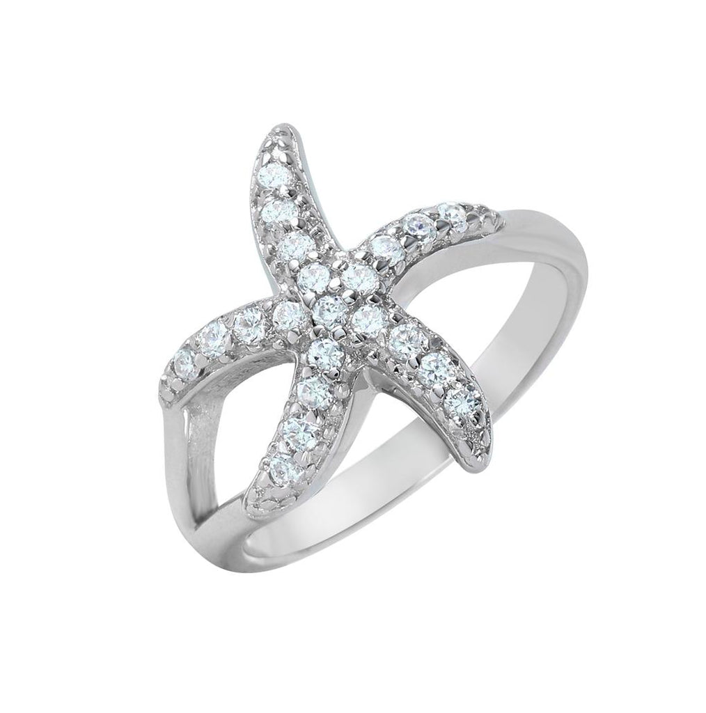 .925 Sterling Silver Rhodium Plated Clear Pave Set Cz Skinny Starfish Ring, <b>size: 5</b>