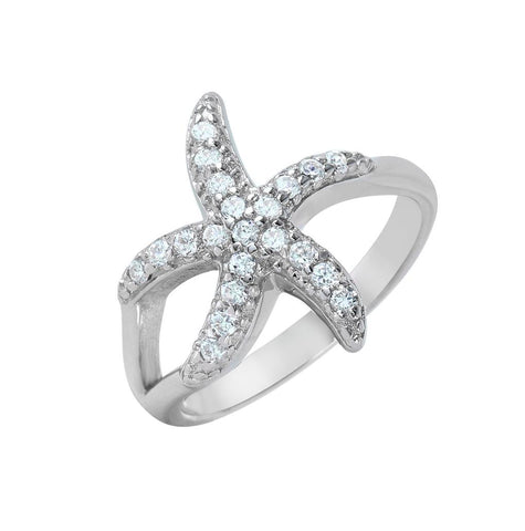 .925 Sterling Silver Rhodium Plated Clear Pave Set Cz Skinny Starfish Ring, <b>size: 5</b>