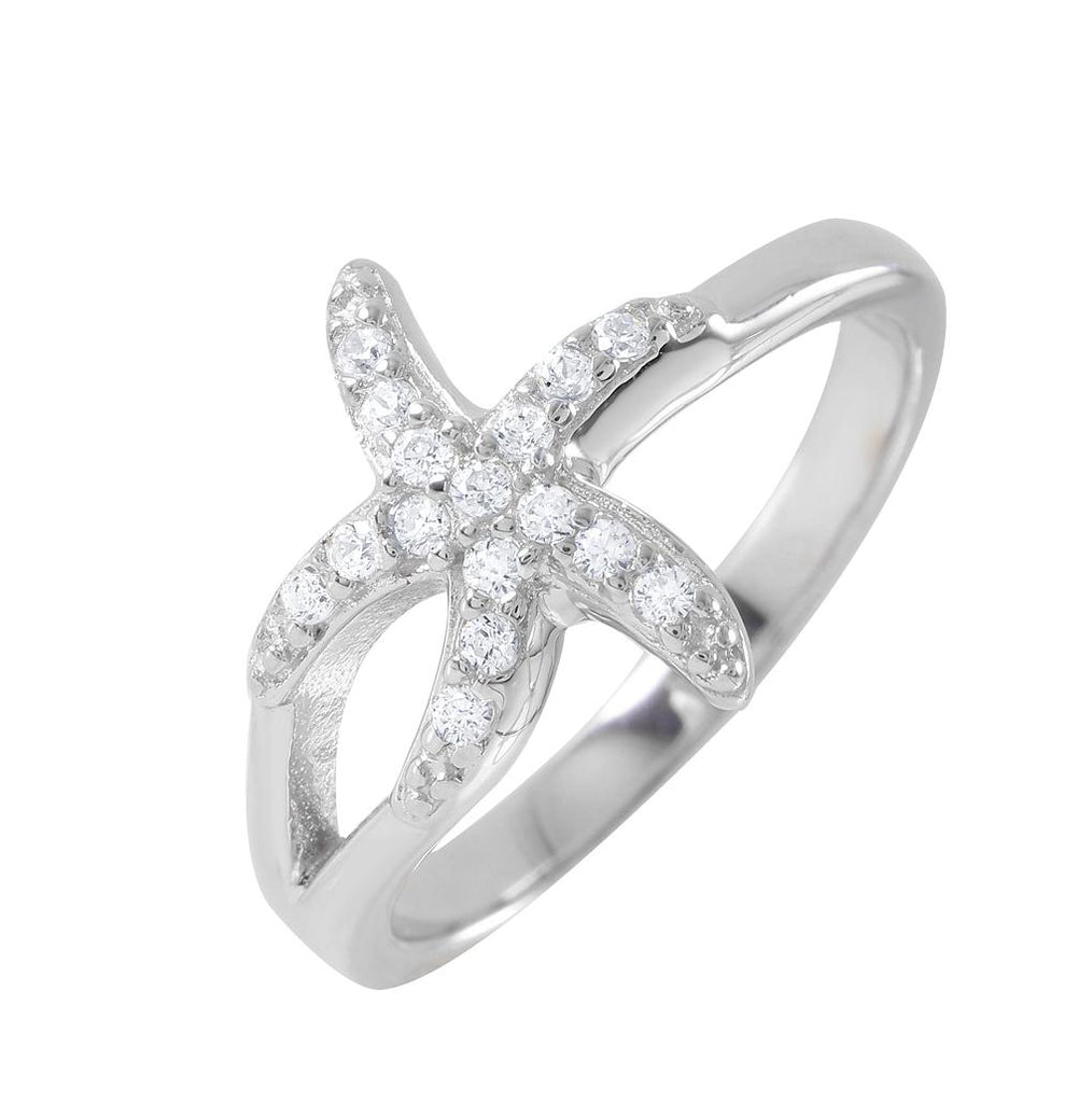 .925 Sterling Silver Rhodium Plated Clear Pave Set Cz Small Skinny Starfish Ring, <b>size: 5</b>