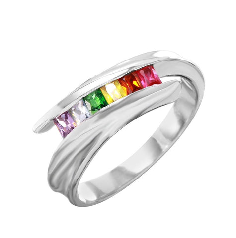 .925 Sterling Silver Overlapping Ring With Milti-color Cz Accents, <b>size: 5</b>