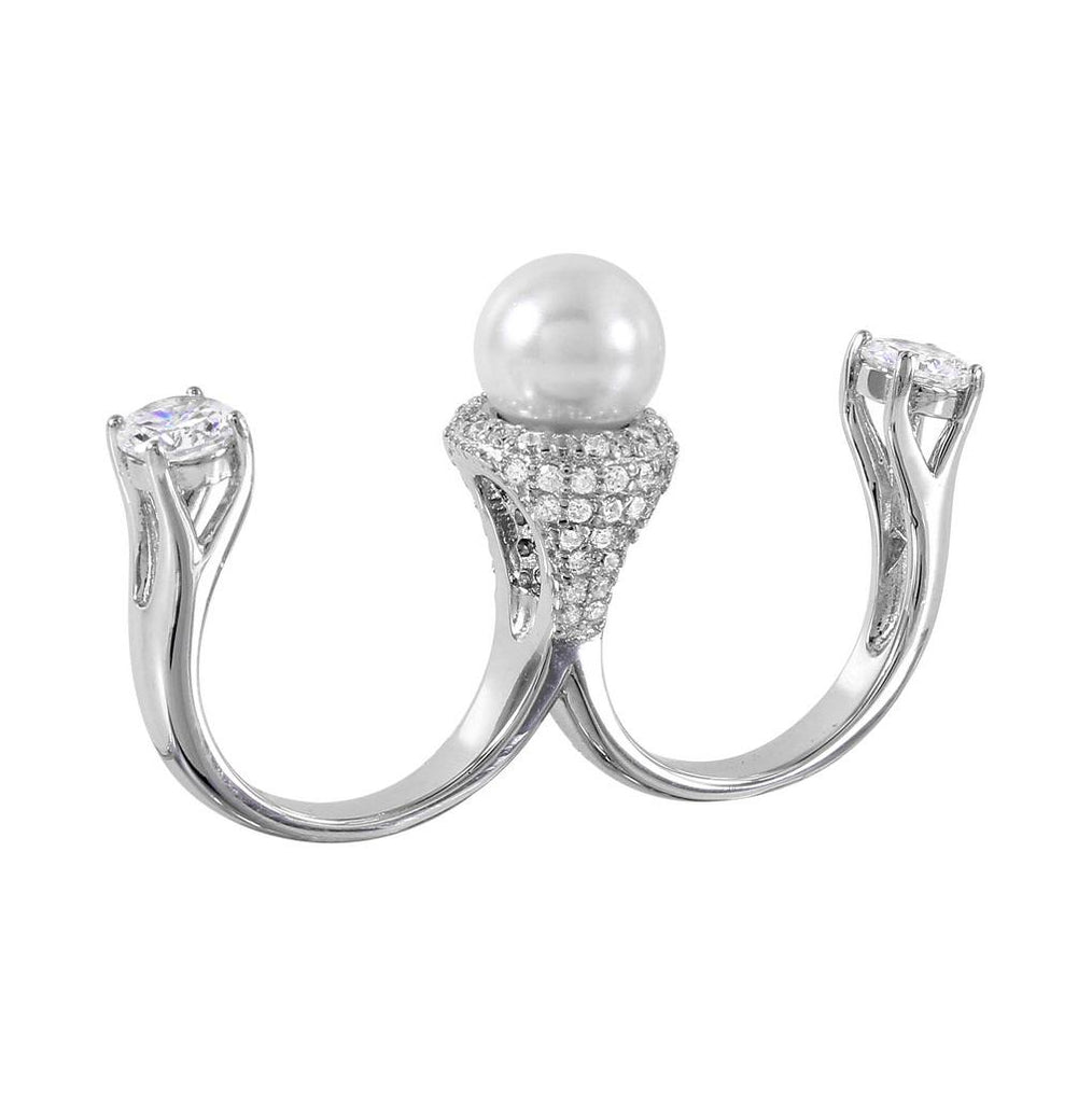 .925 Sterling Silver Rhodium Plated Pearl Two Finger Open Ring With Cz Accents, <b>size: 5</b>