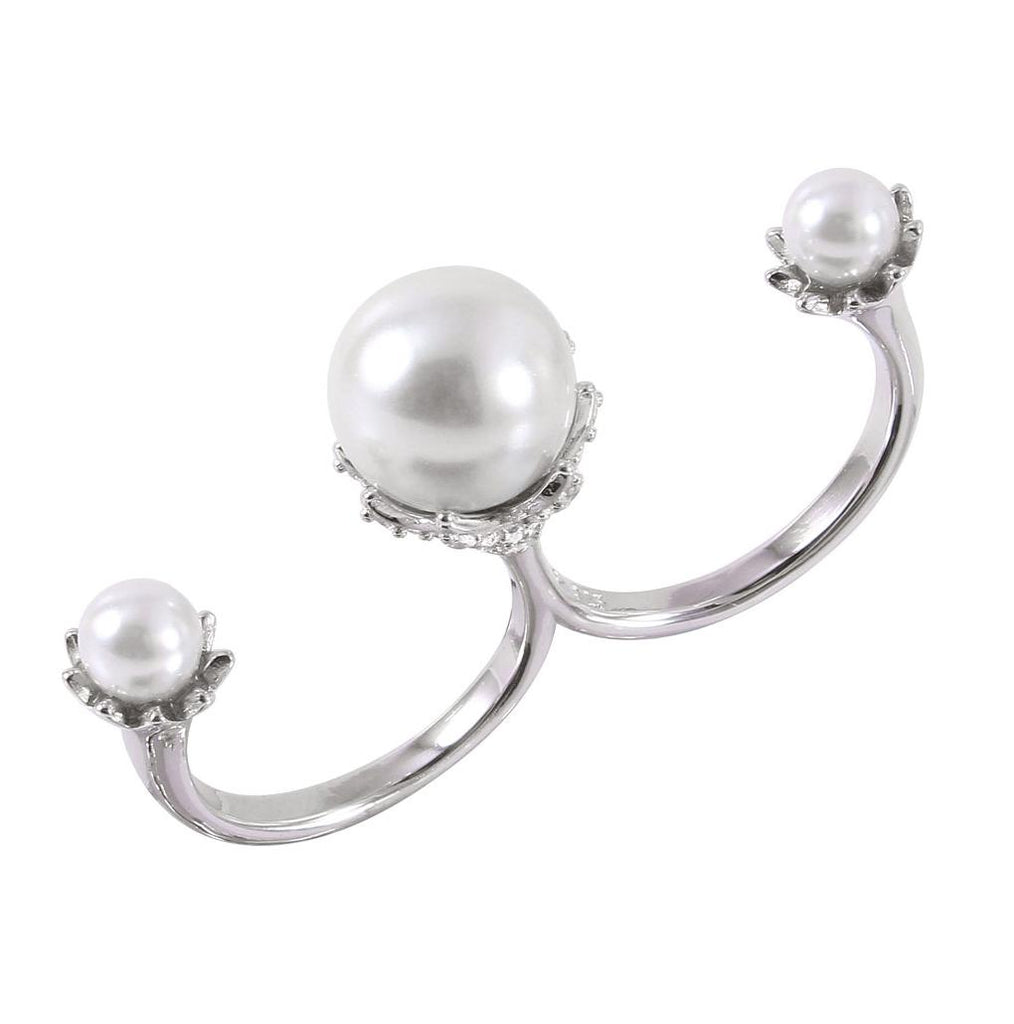 .925 Sterling Silver Rhodium Plated Two Finger Open Ring With 3 White Synthetic Pearls, <b>size: 6</b>