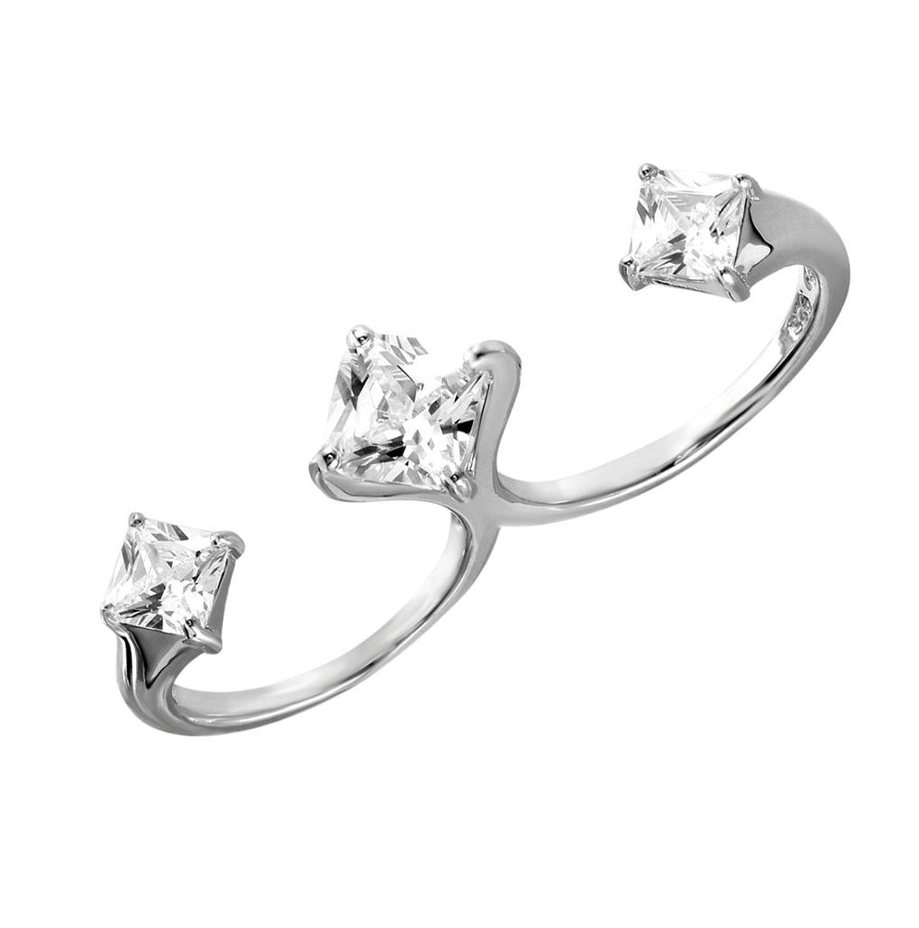 .925 Sterling Silver Rhodium Plated Two-finger Open Ring With 3 Cz Accent Caps, <b>size: 5</b>