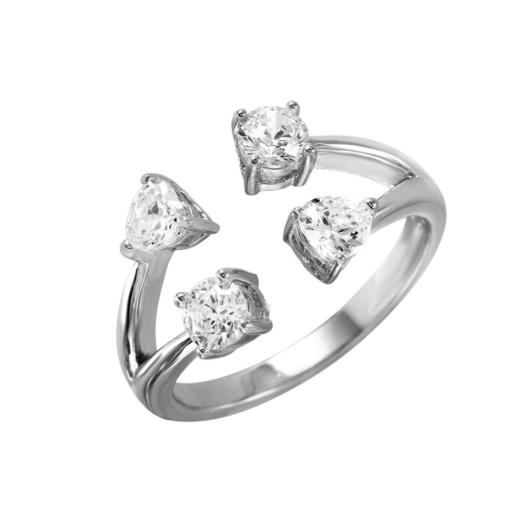 .925 Sterling Silver Rhodium Plated 4 Ends Open Ring With Cz Accents Caps, <b>size: 5</b>