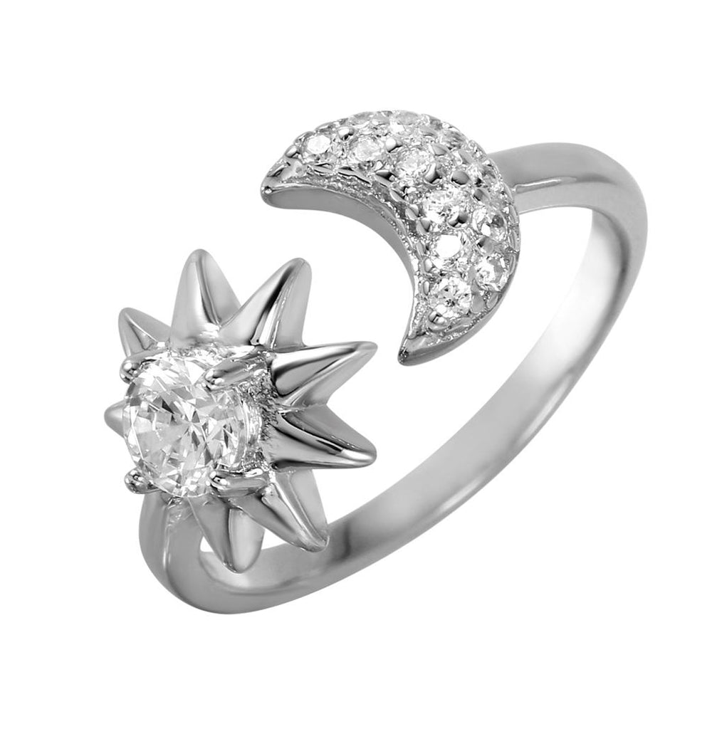 .925 Sterling Silver Rhodium Plated Sun & Moon Open Ring With Cz Accents, <b>size: 5</b>