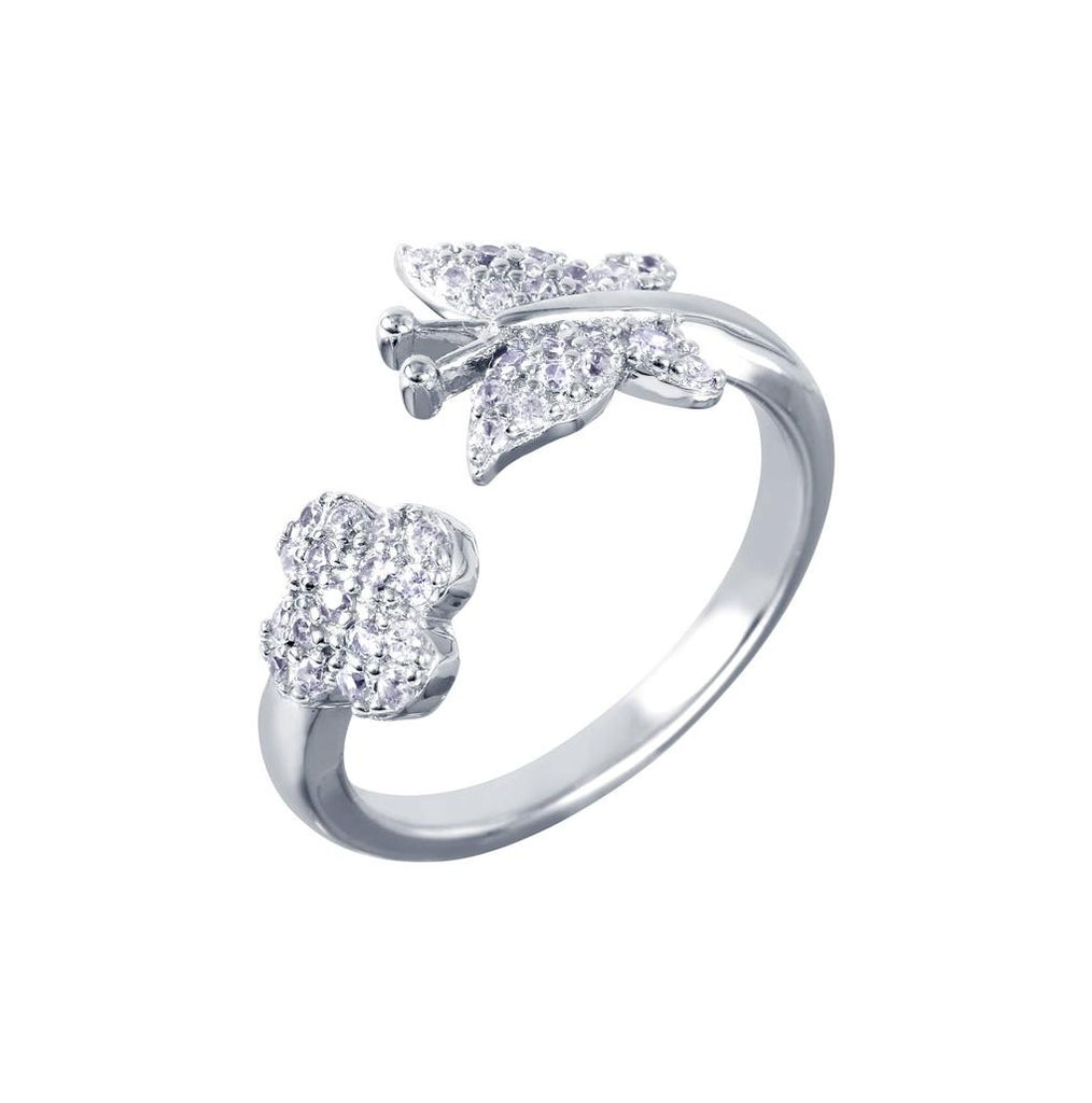 .925 Sterling Silver Rhodium Plated Butterfly & Flower Open Ring With Cz Accents, <b>size: 5</b>