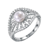 .925 Sterling Silver Radial Bursts Synthetic Pearl Ring With Cz Accents, <b>size: 5</b>