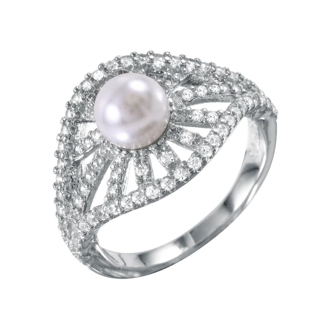 .925 Sterling Silver Radial Bursts Synthetic Pearl Ring With Cz Accents, <b>size: 5</b>