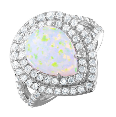 .925 Sterling Silver Rhodium Plated Opal Teardrop Halo Cz Ring, <b>size: 5</b>