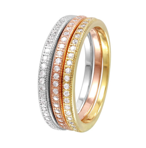 .925 Sterling Silver Rhodium Plated Tri Color Stackable Rings, <b>size: 5</b>