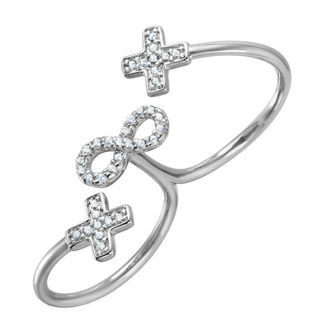 .925 Sterling Silver Rhodium Plated Crosses & Infinity Cz Two-finger Open Ring, <b>size: 5</b>