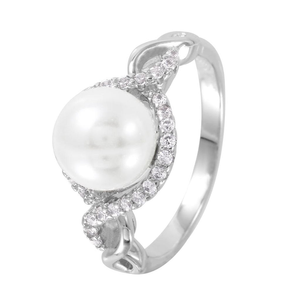 .925 Sterling Silver Rhodium Plated Cz Accented Faux Pearl Ring, <b>size: 5</b>