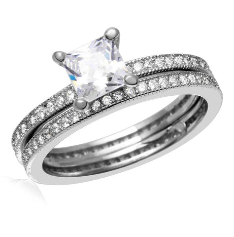 .925 Sterling Silver Rhodium Plated Center Square Cz Bridal Wedding Ring Set, <b>size: 5</b>