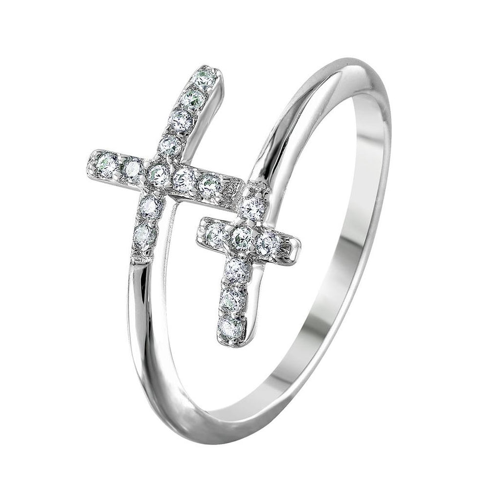 .925 Sterling Silver Rhodium Plated Double Cz Cross Ring, <b>size: 5</b>