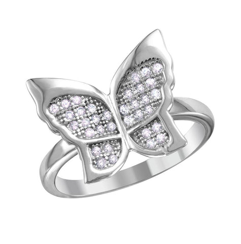 .925 Sterling Silver Rhodium Plated Butterfly Ring With Micro Pave Cz Stones, <b>size: 5</b>