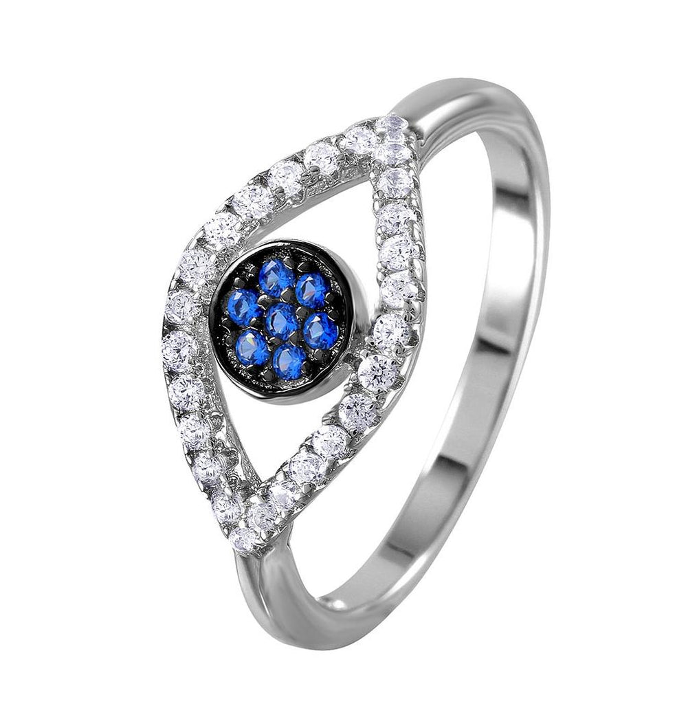 .925 Sterling Silver Rhodium Plated Open Evil Eye Ring With Blue Center Stones, <b>size: 5</b>