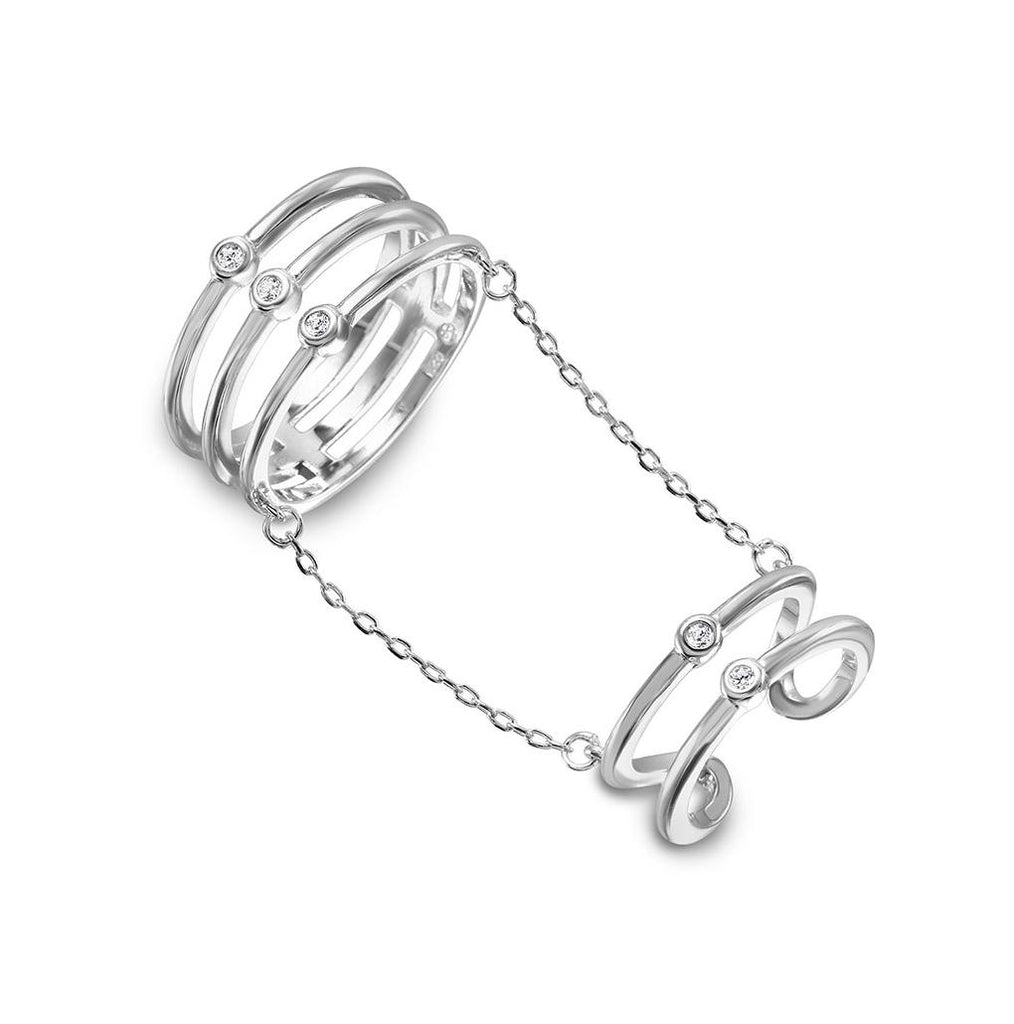 .925 Sterling Silver Rhodium Plated 2 Rings In 1 Attached On A Chain, <b>size: 6</b>