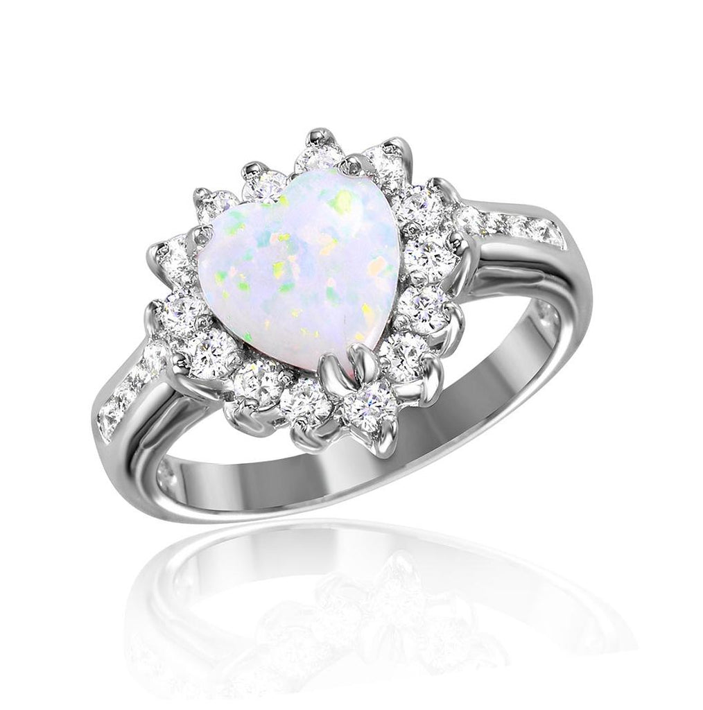 .925 Sterling Silver Rhodium Plated Halo Heart With Synthetic Opal Center Stone Ring, <b>size: 5</b>