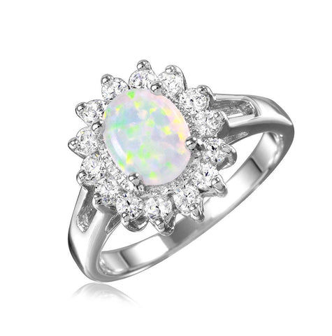 .925 Sterling Silver Rhodium Plated Oval Halo Ring With Synthetic Opal Center Stone, <b>size: 5</b>