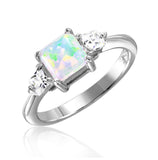 .925 Sterling Silver Rhodium Plated 6mm Synthetic Opal With 3mm Cz On Each Side, <b>size: 5</b>