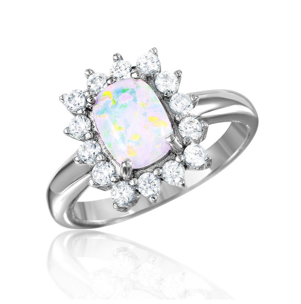 .925 Sterling Silver Rhodium Plated Rectangle Halo Ring With Synthetic Opal Center, <b>size: 5</b>