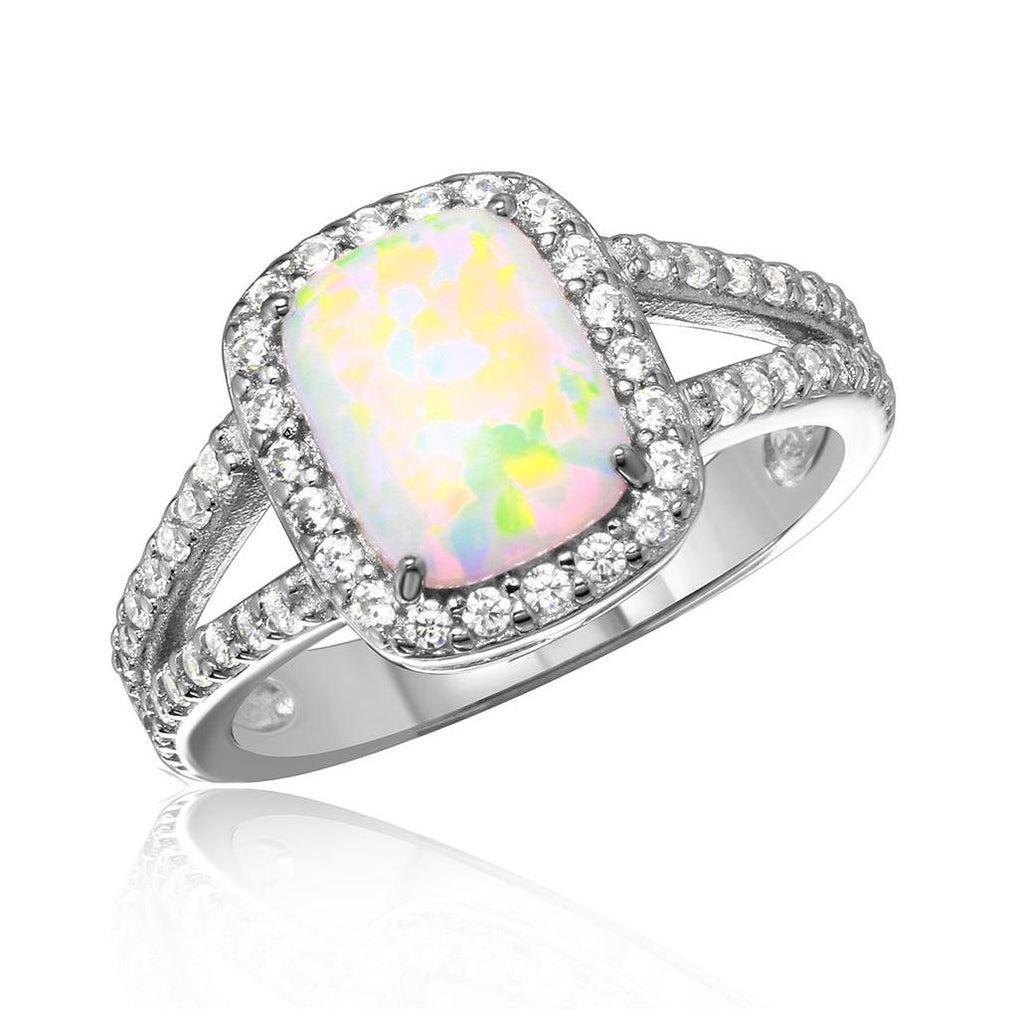 .925 Sterling Silver Rhodium Plated Halo Ring With Synthetic Baguette Opal And Cz, <b>size: 5</b>