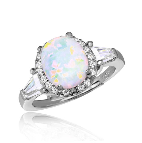 .925 Sterling Silver Rhodium Plated Halo Ring With Synthetic Oval Opal And Cz, <b>size: 5</b>