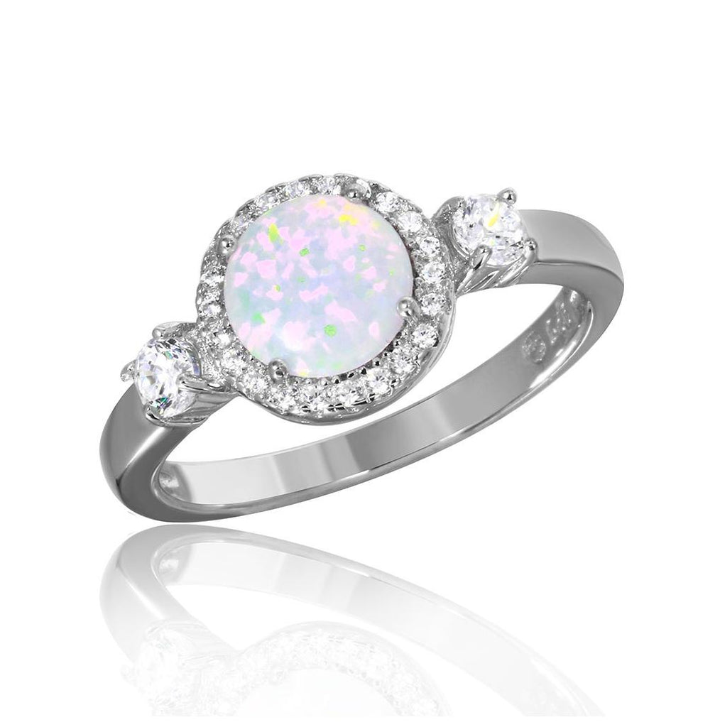 .925 Sterling Silver Rhodium Plated Halo Ring With Synthetic Opal And Cz, <b>size: 5</b>