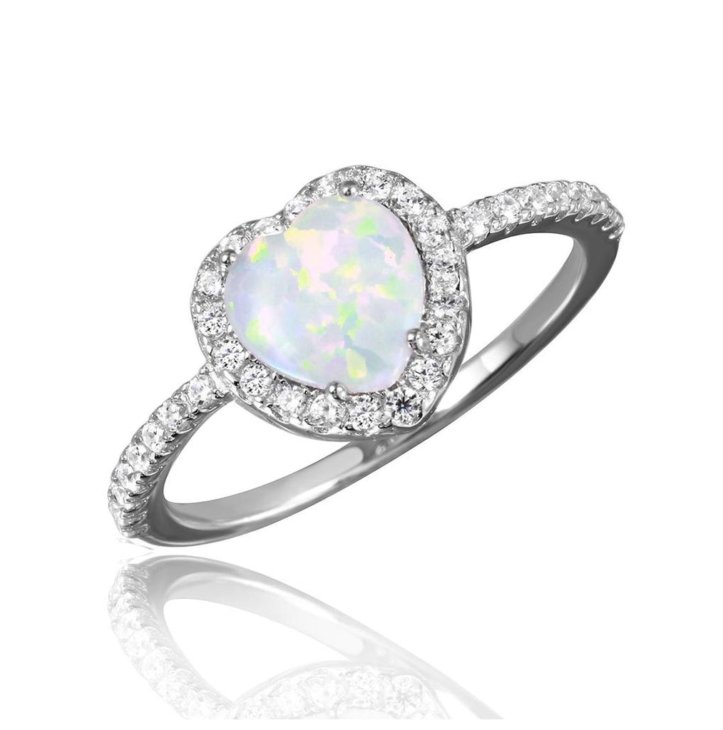 .925 Sterling Silver Rhodium Plated Halo Heart Ring With Synthetic Opal And Cz, <b>size: 5</b>