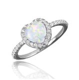 .925 Sterling Silver Rhodium Plated Halo Heart Ring With Synthetic Opal And Cz, <b>size: 5</b>