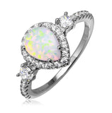 .925 Sterling Silver Rhodium Plated Halo Pear Ring With Synthetic Opal And Cz, <b>size: 5</b>