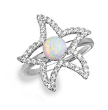 .925 Sterling Silver Rhodium Plated Open Starfish Ring With Synthetic Opal And Cz, <b>size: 5</b>