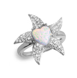 .925 Sterling Silver Rhodium Plated Starfish Ring With Synthetic Opal And Cz, <b>size: 5</b>