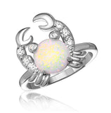 .925 Sterling Silver Rhodium Plated Hanging Crab Design Ring With Synthetic Opal And Cz, <b>size: 5</b>