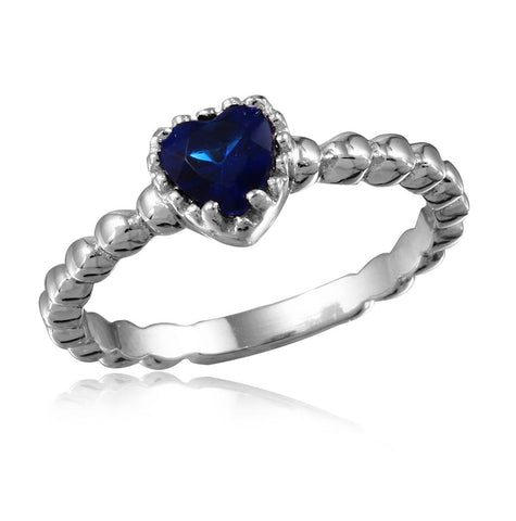 .925 Sterling Silver Rhodium Plated Beaded Band Blue Heart Center Stone Ring, <b>size: 5</b>