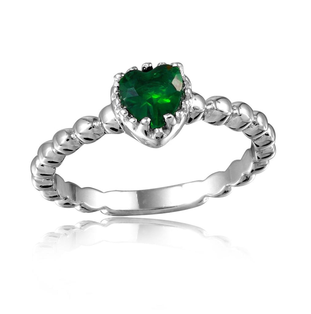 .925 Sterling Silver Rhodium Plated Beaded Band Green Heart Center Stone Ring, <b>size: 5</b>