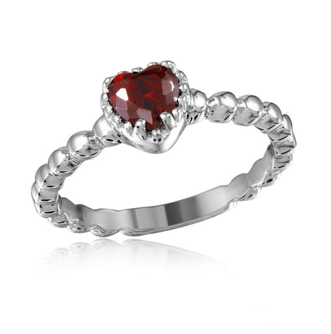 .925 Sterling Silver Rhodium Plated Beaded Band Red Heart Center Stone Ring, <b>size: 5</b>