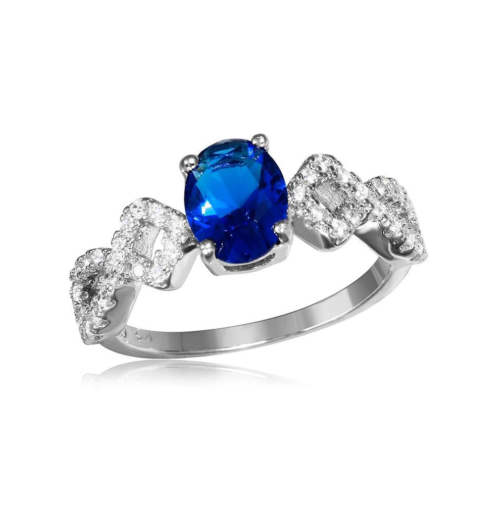 .925 Sterling Silver Rhodium Plated Sapphire Center Stone Ring With Cz Shank, <b>size: 5</b>