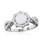 .925 Sterling Silver Rhodium Plated Synthetic Opal Halo Cz Ring, <b>size: 5</b>