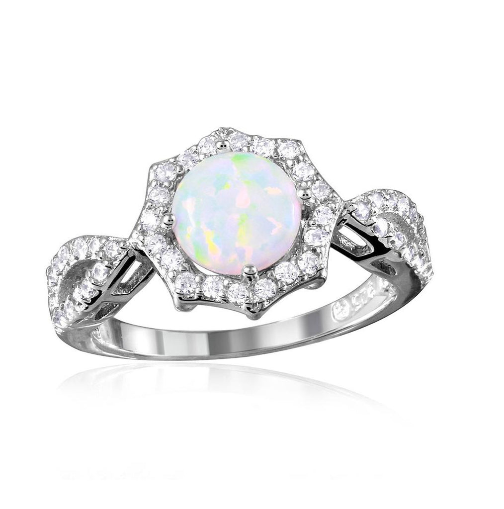 .925 Sterling Silver Rhodium Plated Synthetic Opal Halo Cz Ring, <b>size: 5</b>
