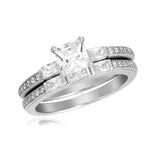 .925 Sterling Silver Rhodium Plated Micro Pave Shank Square Center Stone Wedding Ring Set, <b>size: 5</b>