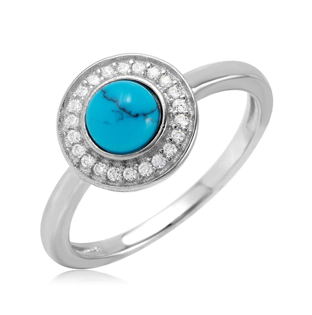 .925 Sterling Silver Rhodium Plated Turquoise Center Halo Cz Ring, <b>size: 5</b>