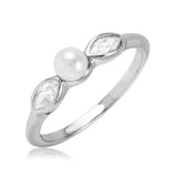 .925 Sterling Silver Rhodium Plated Cats Eye Cz Synthetic Pearl Center Stone Ring, <b>size: 5</b>